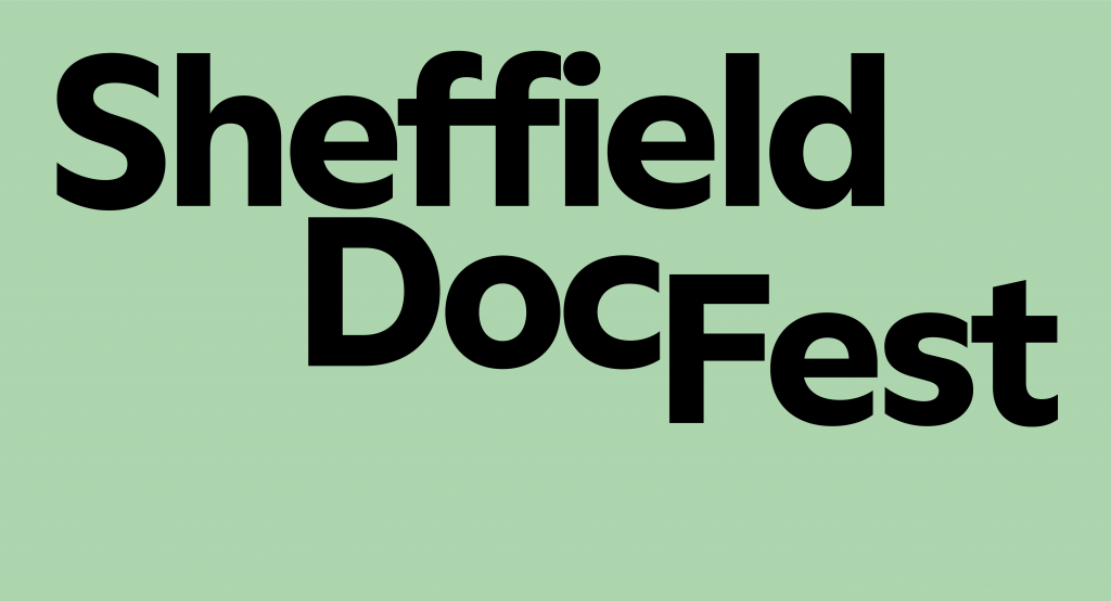 Logo of Sheffield DocFest against a light green backdrop