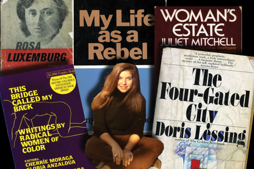 A collage of posters of Joan Braderman's work