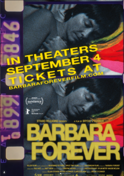 Poster for Barbara Forever featuring archival images of Barbara Hammer lying against a rainbow backdrop. Text reads: “In theaters September 4. Tickets at barbaraforeverfilm.com.”
